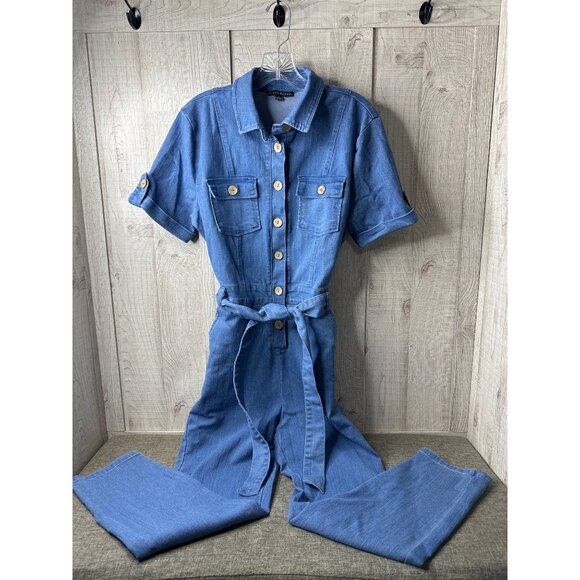 Haute Monde Pants - Haute Monde Blue Denim Jumpsuit Stretch Tie Waist Button Front Pockets Womens L